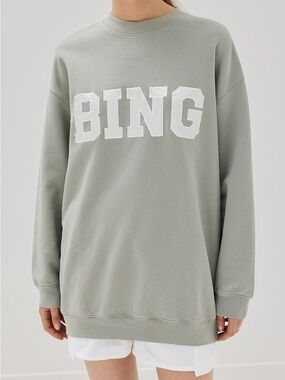Anine Bing Sage Green Crewneck with White Satin BING Logo